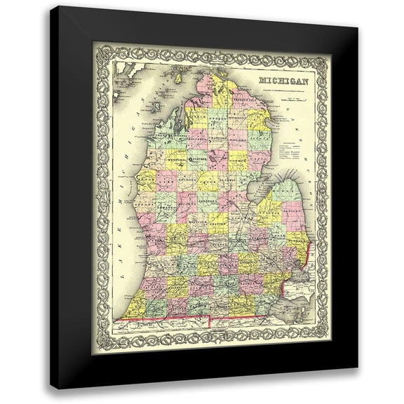 Colton 12x14 Black Modern Framed Museum Art Print Titled - Michigan Lower Peninsula - Colton 1855