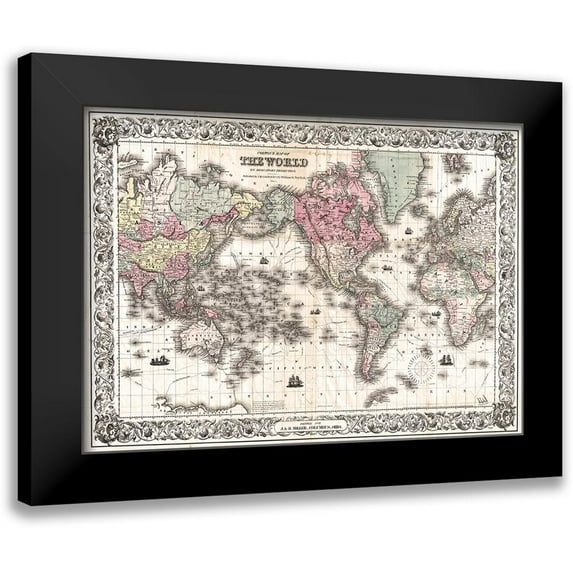 Colton 14x11 Black Modern Framed Museum Art Print Titled - 1852 Coltons Vintage Map of the World