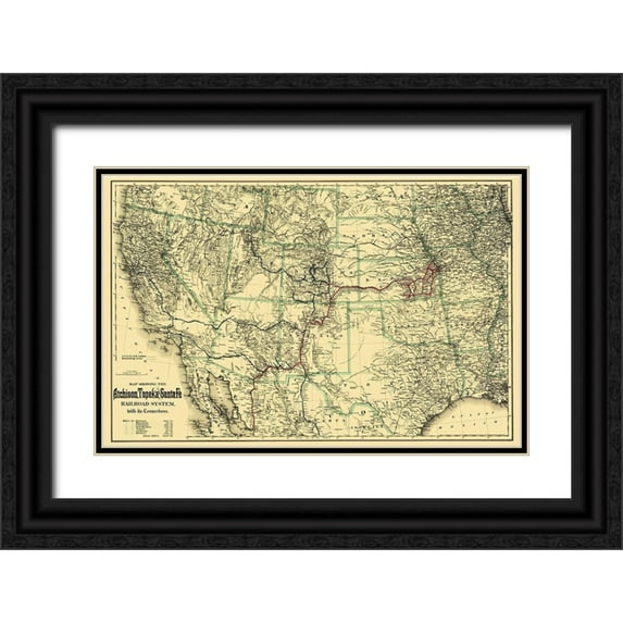 Colton 18x13 Black Ornate Wood Framed with Double Matting Museum Art Print Titled - Atchison, Topeka and Santa Fe Railroad System 1883