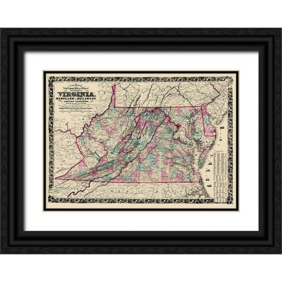 Colton 18x14 Black Ornate Wood Framed with Double Matting Museum Art Print Titled - Virginia, Maryland ,Delaware - Colton 1862