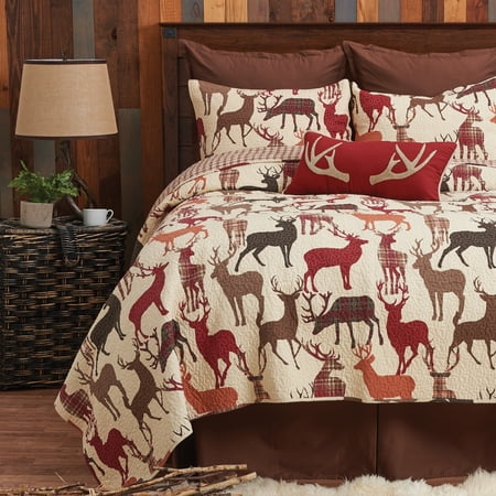 Colton Deer Brown Tan Cabin Lodge King 3 Piece Quilt Set