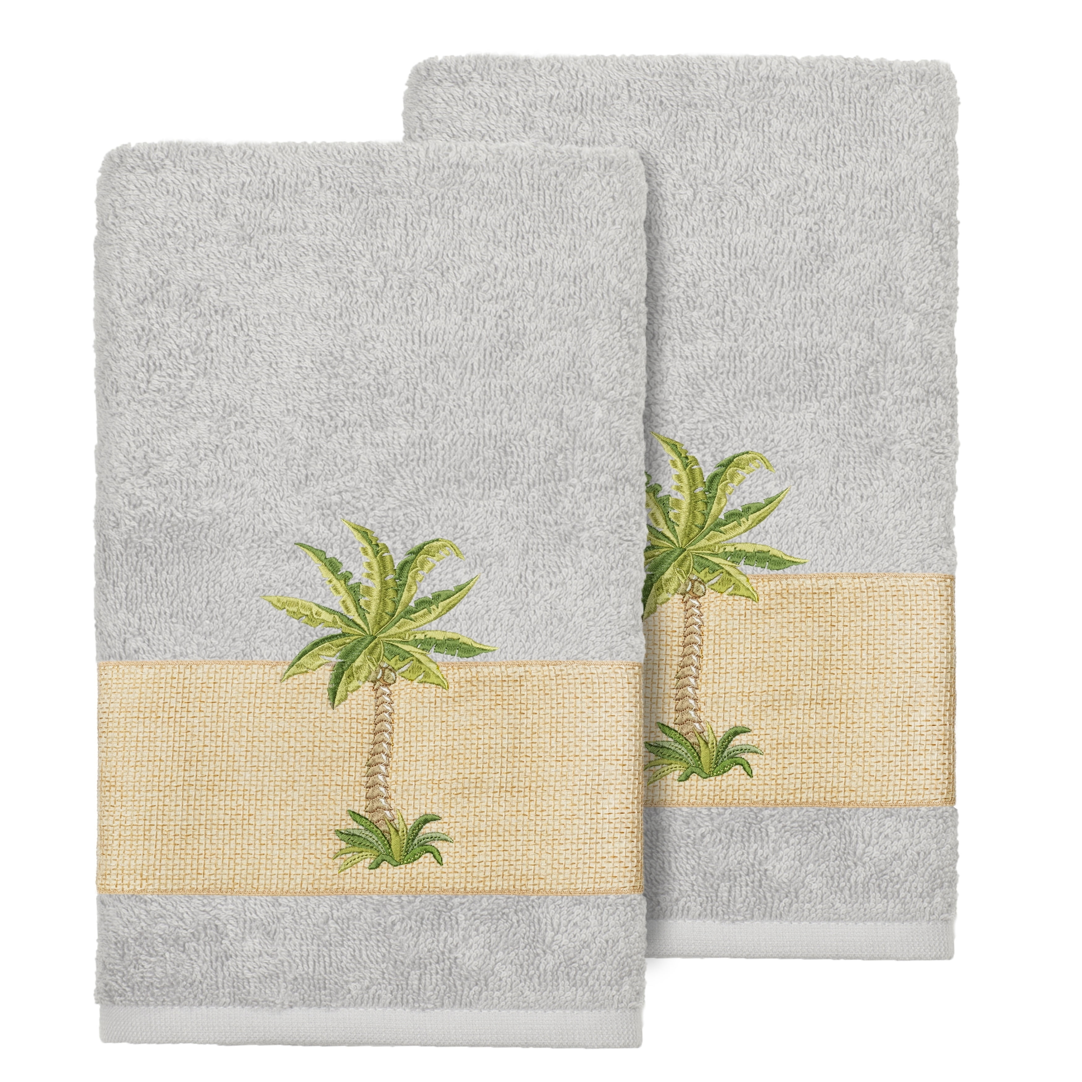 Light Gray Turkish Cotton Hand Towels with Palm Tree Embroidery, Set of 2