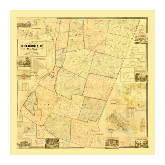 Columbia County New York Art, 1858 Vintage Map of Columbia County NY History Wall Decor Gift, Old Columbia County NY Map - 30" x 30" Unframed Print