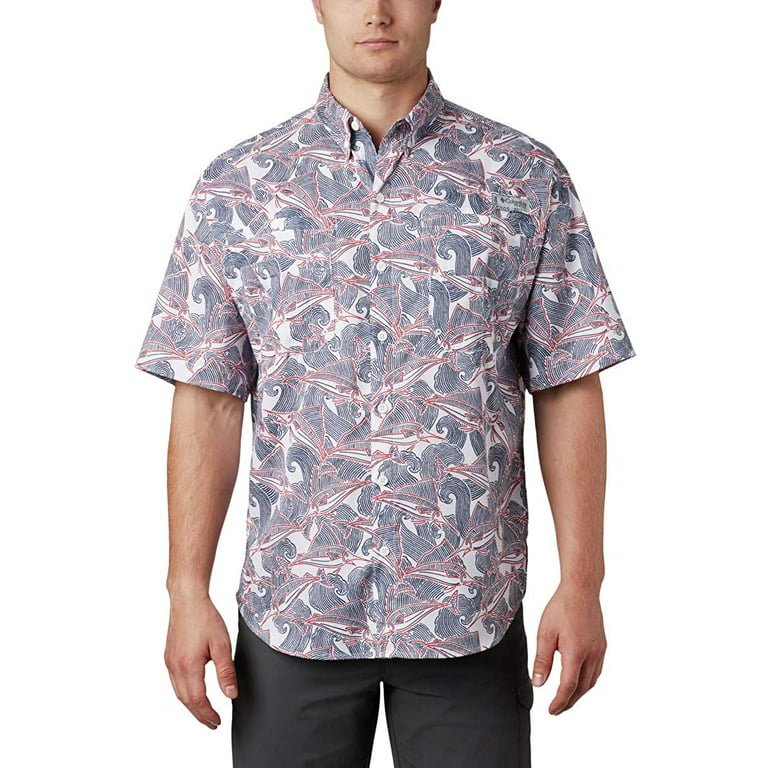Columbia Men's PFG Super Tamiami Short Sleeve Shirt, UPF 40 Sun Protection,  White Fish Wave Print, Large 