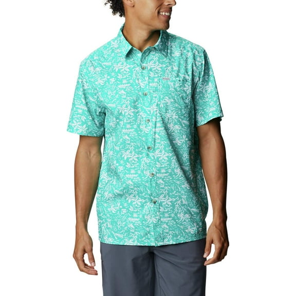 Columbia Men’s Super Slack Tide Camp Shirt, Short Sleeve, Moisture Wicking, Tropic Water Kona Print, XX-Large