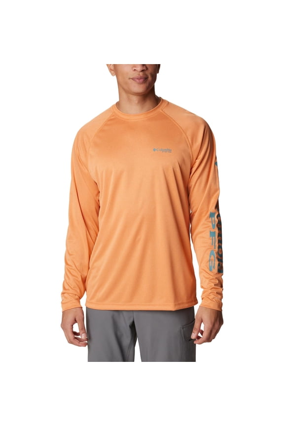 Men's Terminal Tackle Heather Long Sleeve Shirt, Orange Reef Heather/Tranquil Teal Logo, Small