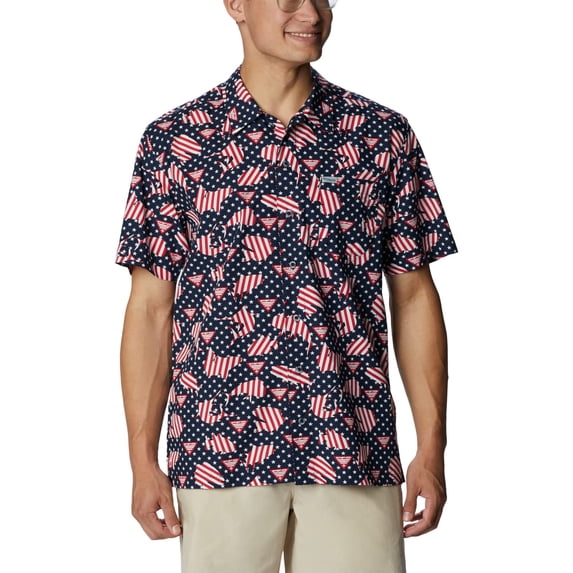 Columbia Men's Trollers Best Short Sleeve Shirt, Collegiate Navy PFG Proud, Small