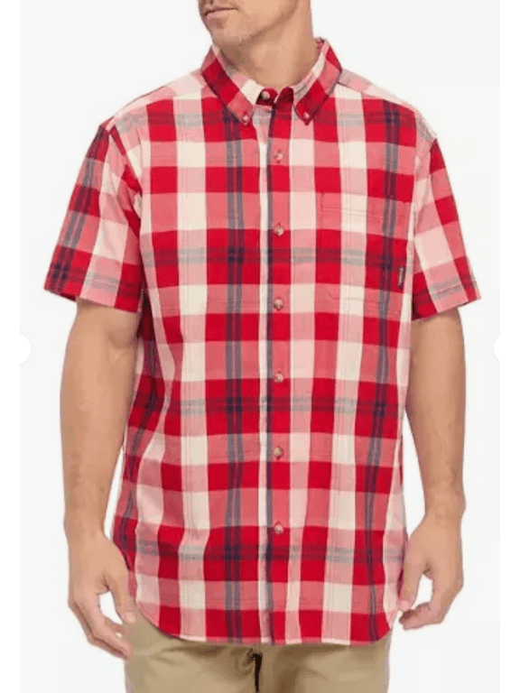 Mens Regular fit Short Sleeve Button-Up Shirt Small Red Plaid
