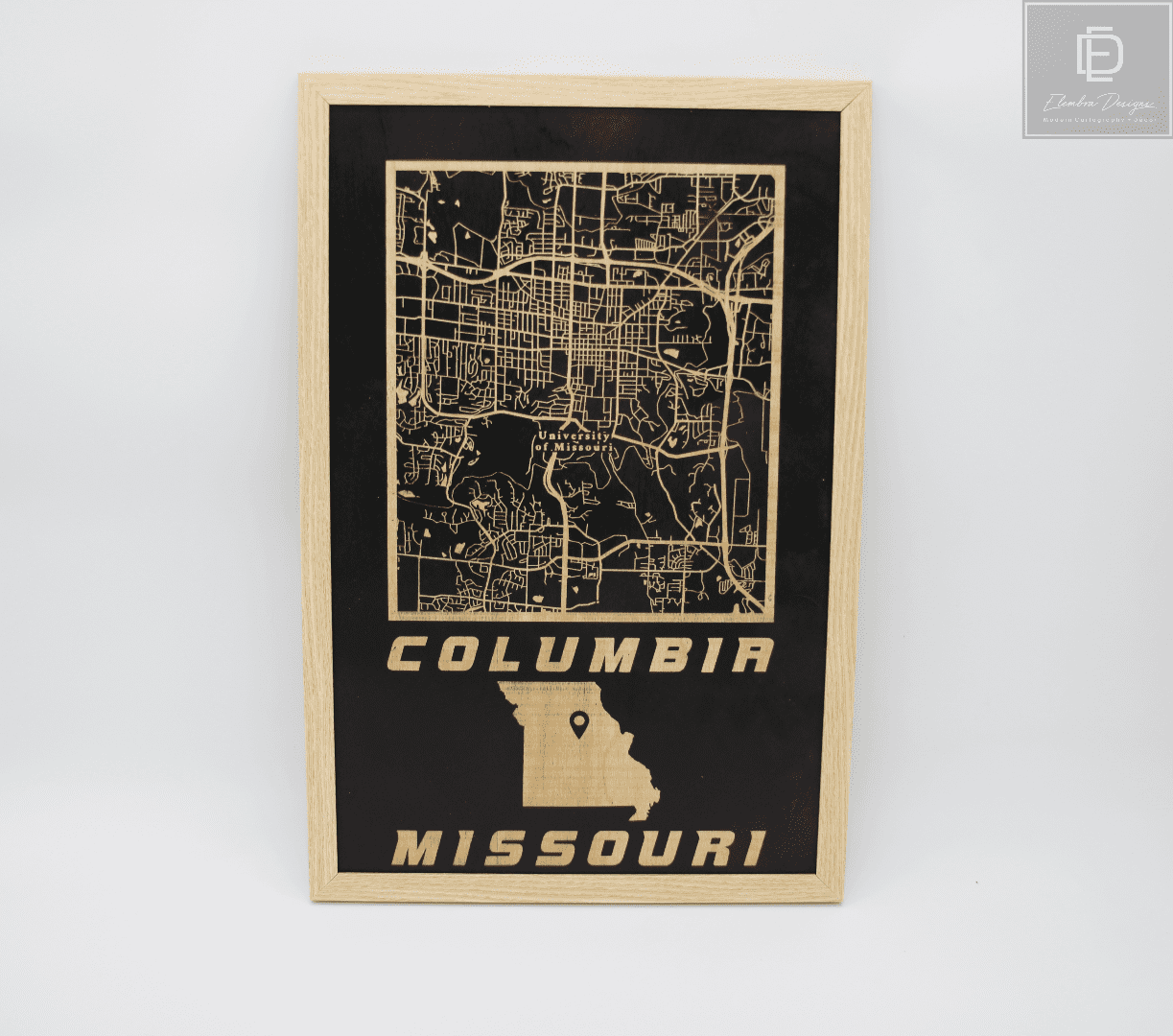 Columbia, Missouri Laser Etched Wood Street Map UM Campus Map Framed