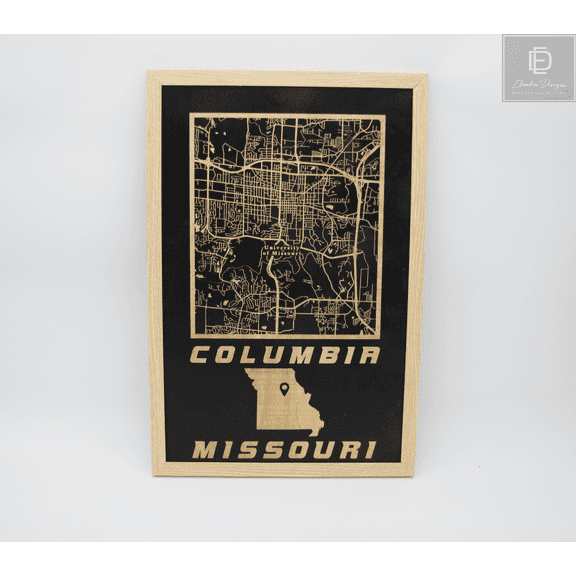 Columbia, Missouri Laser Etched Wood Street Map -UM Campus Map Framed in Natural Wood