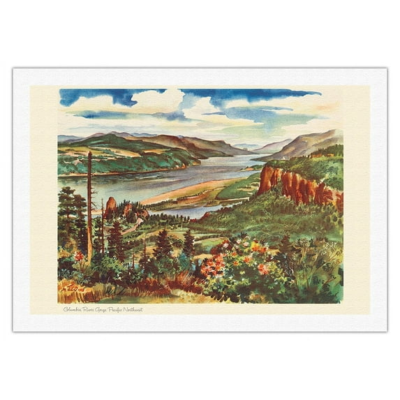 Columbia River Gorge Pacific Northwest - United Air Lines - Vintage Travel Poster by Joseph Fehér c.1948 - Fine Art Rolled Canvas Print 27in x 40in