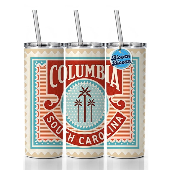 Columbia SC South Carolina Travel Vacation Stamp 20oz Insulated Water Bottle Skinny Tumbler Includes Straw