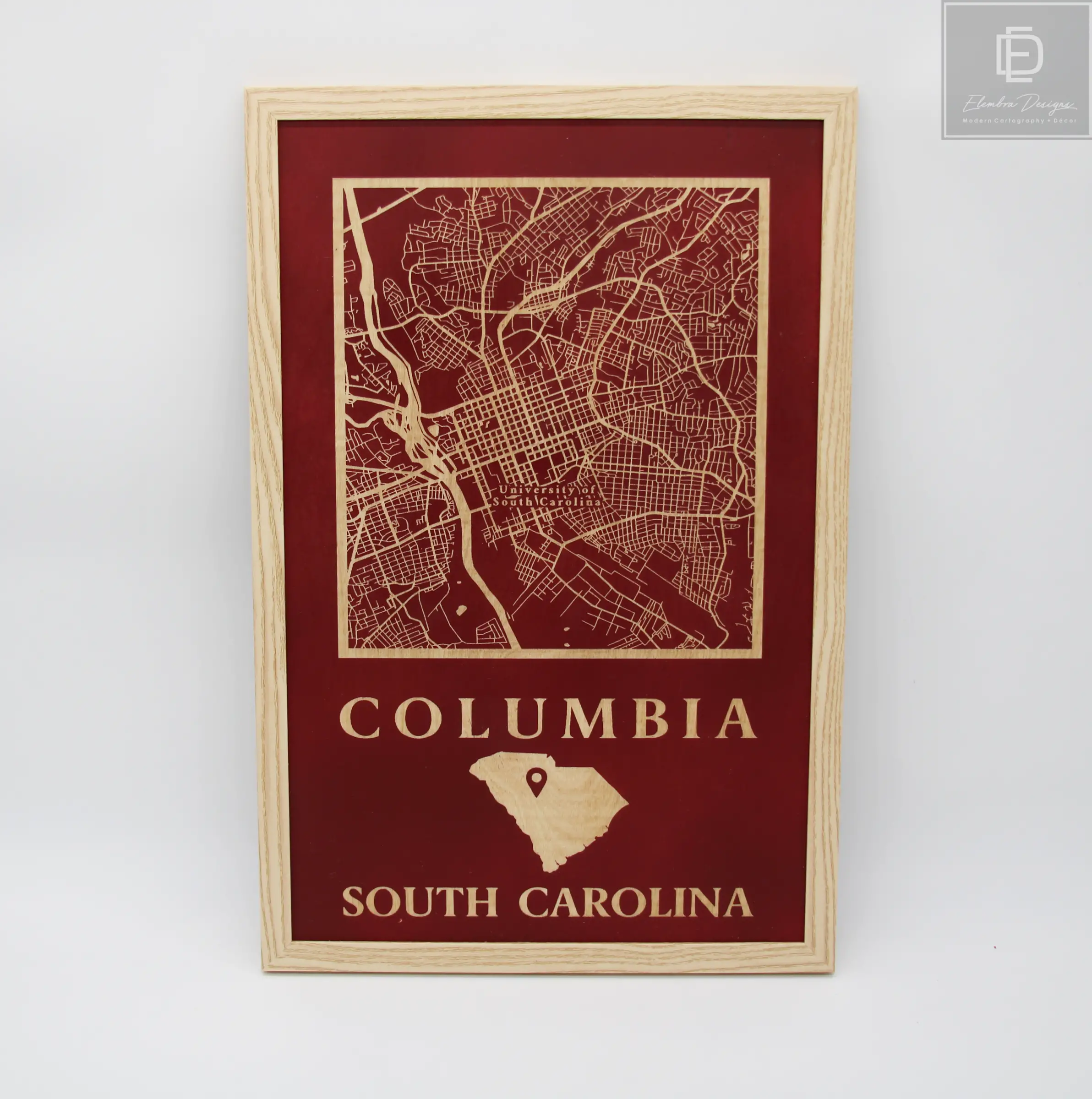 Columbia, South Carolina Laser Etched Wood Street Map USC Campus Map