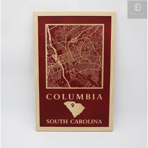 Columbia, South Carolina Laser Etched Wood Street Map - USC Campus Map Framed in Natural Wood