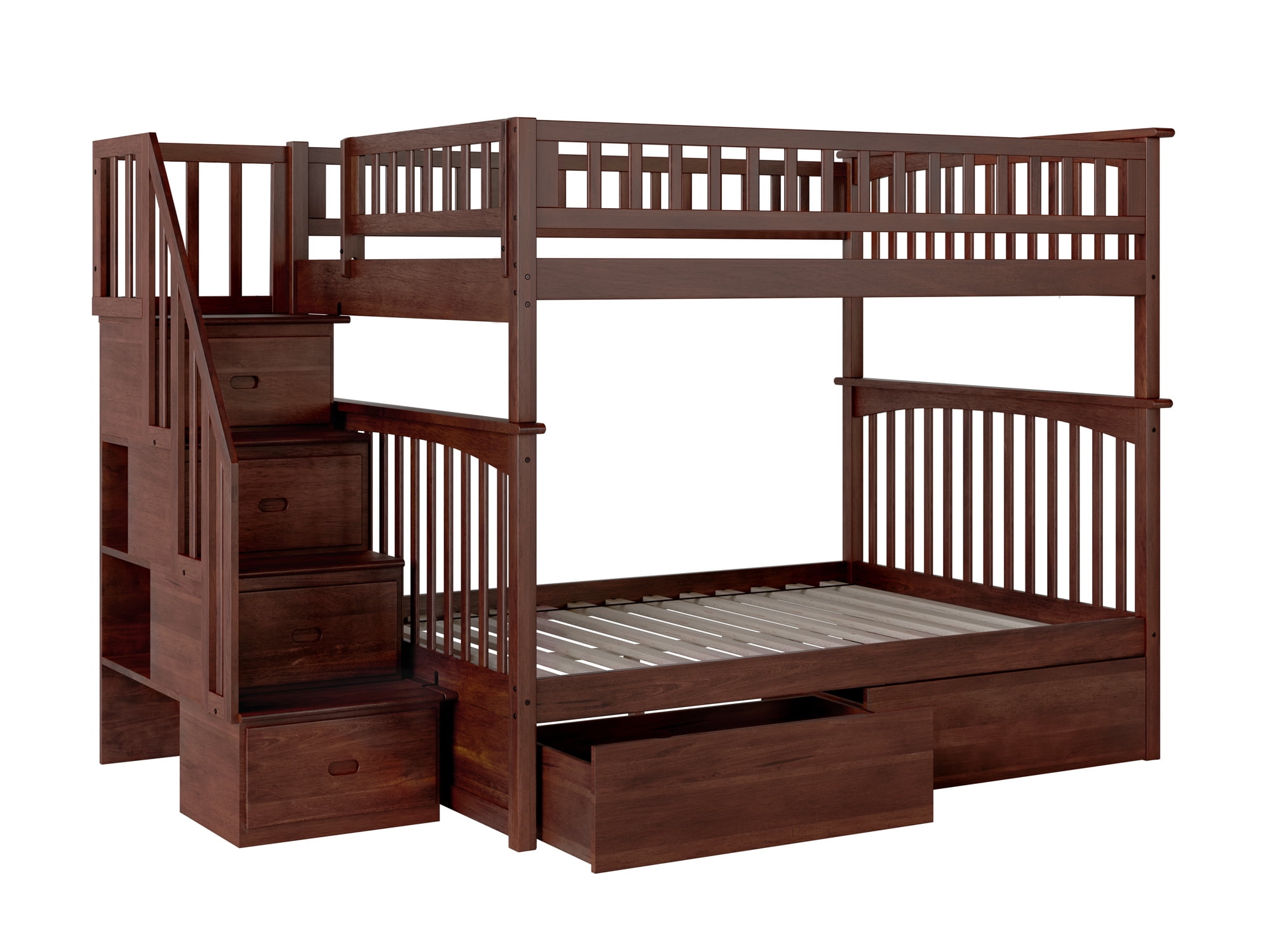 Columbia Full Size Wooden Bunk Bed with Stairs and Storage in Multiple