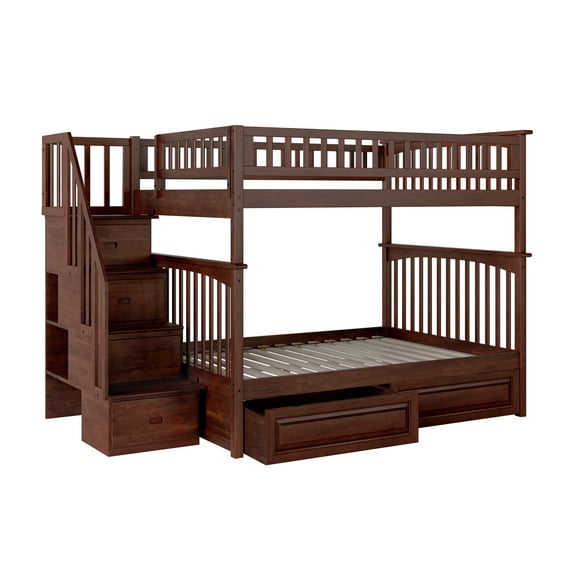 Columbia Staircase Bunk Bed Full over Full with 2 Raised Panel Bed Drawers in Walnut
