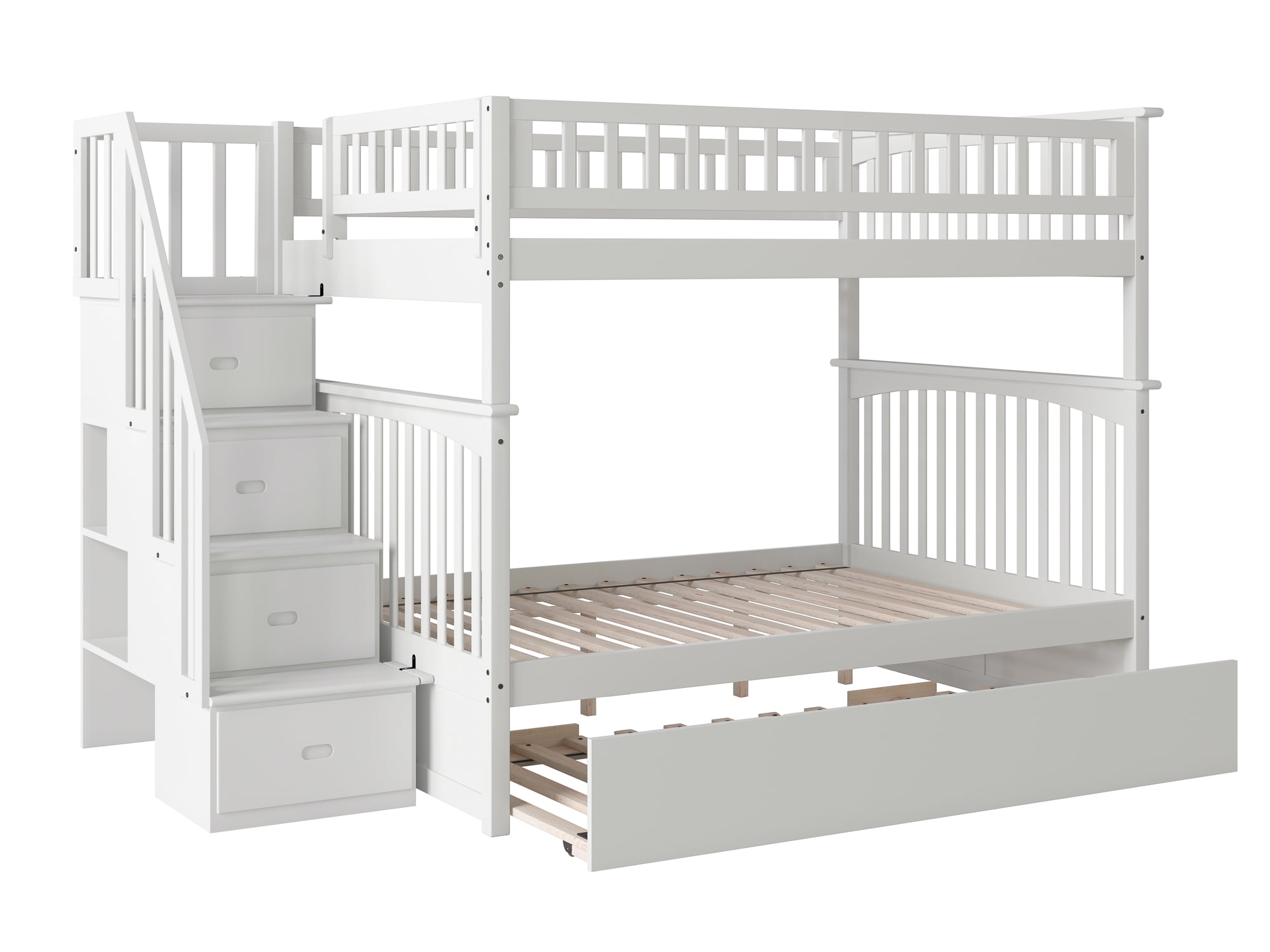 Columbia Staircase Bunk Bed Full over Full with Full Size Urban Trundle Bed in White