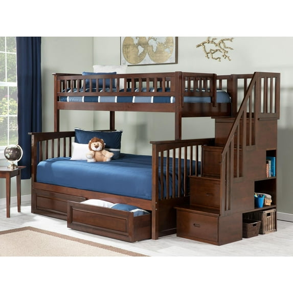 Columbia Staircase Bunk Bed Twin over Full with 2 Raised Panel Bed Drawers in Walnut