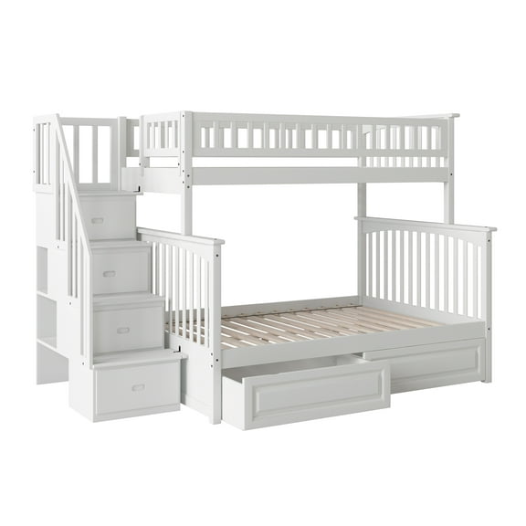 Columbia Staircase Bunk Bed Twin over Full with 2 Raised Panel Bed Drawers in White
