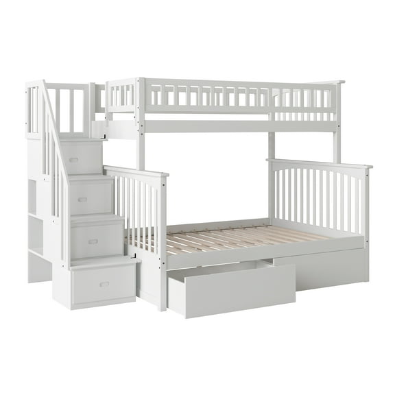 Columbia Staircase Bunk Bed Twin over Full with 2 Urban Bed Drawers in White