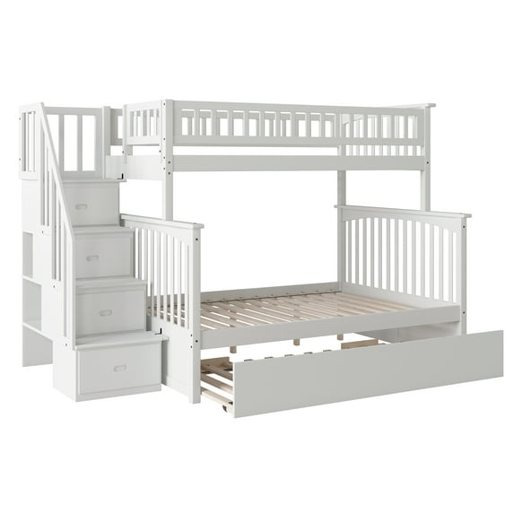 Columbia Staircase Bunk Bed Twin over Full with Twin Size Urban Trundle Bed in White