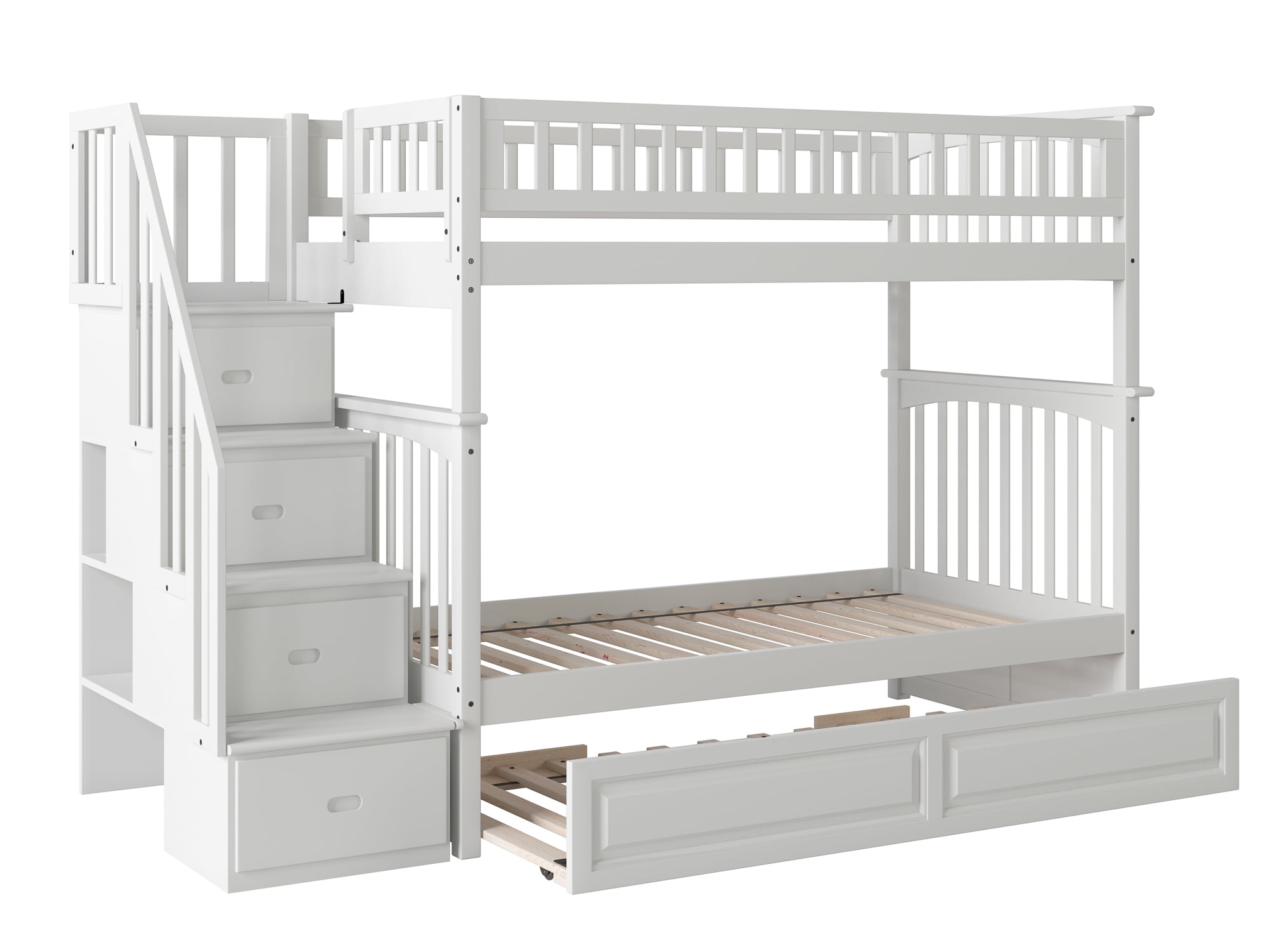 White Twin Over Twin Wood Bunk Bed with Trundle and Storage
