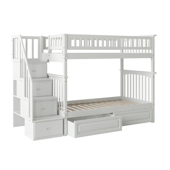 Columbia Staircase Bunk Bed Twin over Twin with 2 Raised Panel Bed Drawers in White