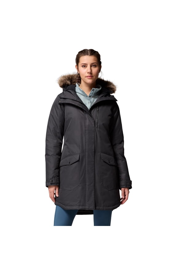 Suttle Mountain Long Insulated Jacket for Women, Water-Repellent, Hooded with Sherpa-Lined Storm Hood and Removable Faux-Fur Trim, Black, XL, 179975