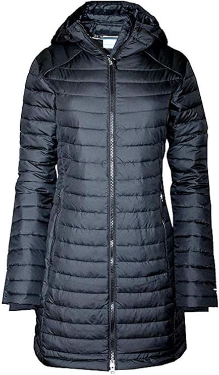 Women's White Out Mid Omni-Heat Long Hooded Jacket Coat Puffer (XS, Black)