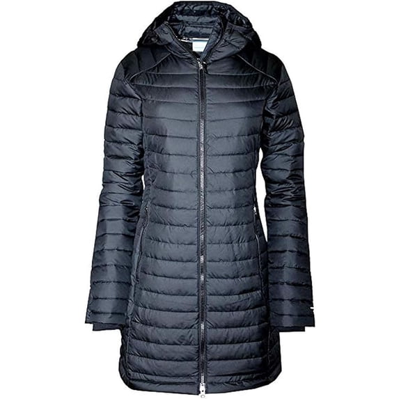 Columbia Women's White Out Mid Omni-Heat Long Hooded Jacket Coat Puffer (XS, Black)