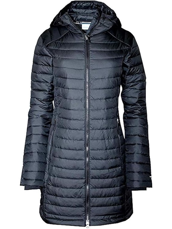 Women's White Out Mid Omni-Heat Long Hooded Jacket Coat Puffer (XS, Black)