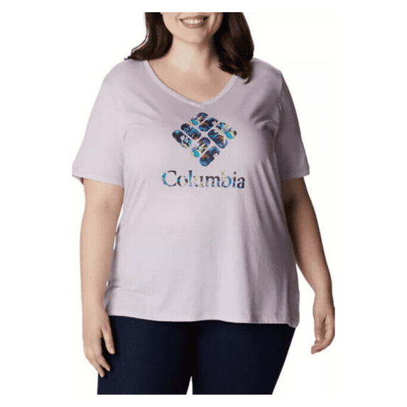 Columbia Women's Bluebird Day Short Sleeve V-Neck Log T-Shirt, Lilac, 2X Plus