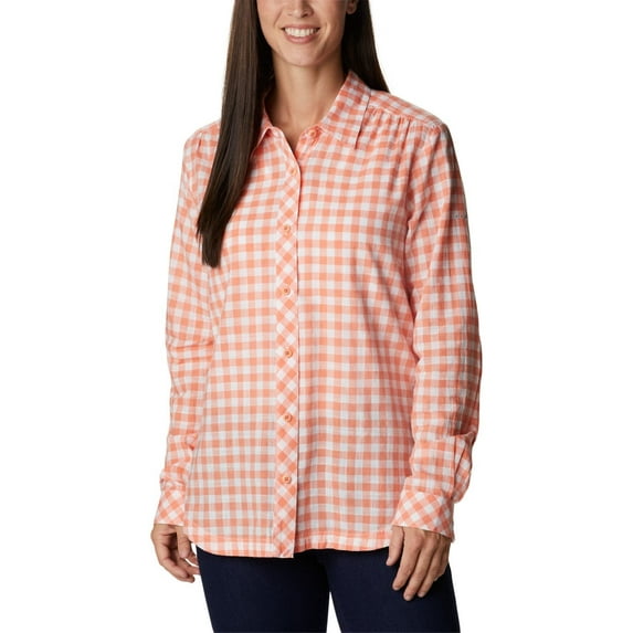 Columbia Women's Camp Henry III Long Sleeve Shirt, Coral Reef Gingham, X-Large
