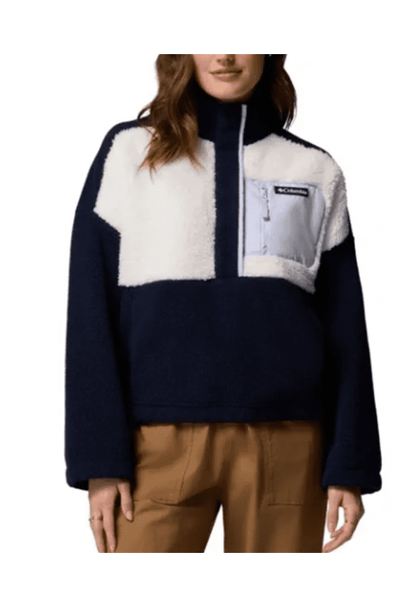 Women's Lodge Pullover Sherpa Navy and Cream Fleece Hoodie Large