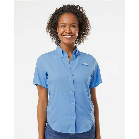 Columbia Women's PFG Tamiami Short Sleeve Shirt in White Cap Blue -Size 3XL