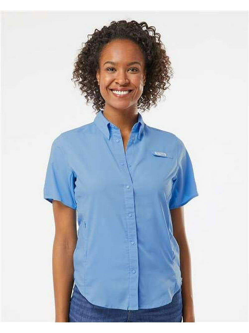 Columbia Women's PFG Tamiami Short Sleeve Shirt in White Cap Blue