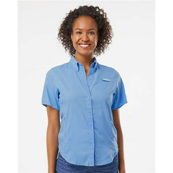 Columbia Women's PFG Tamiami Short Sleeve Shirt in White Cap Blue - Size XS