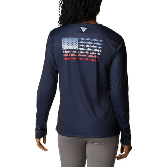 Columbia Women's Tidal PFG Fish Flag Long Sleeve Shirt (Colleg Navy/F Flag Ombre, L)