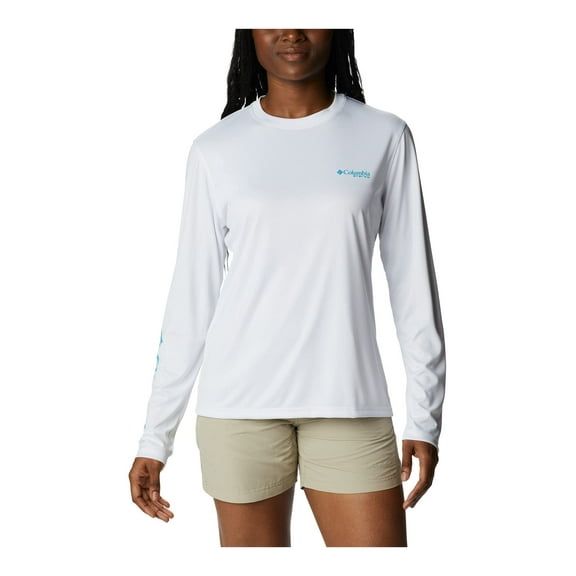 Columbia Women's Tidal Tee PFG Palapa Palms Long Sleeve, White/Palapa Palms, Large