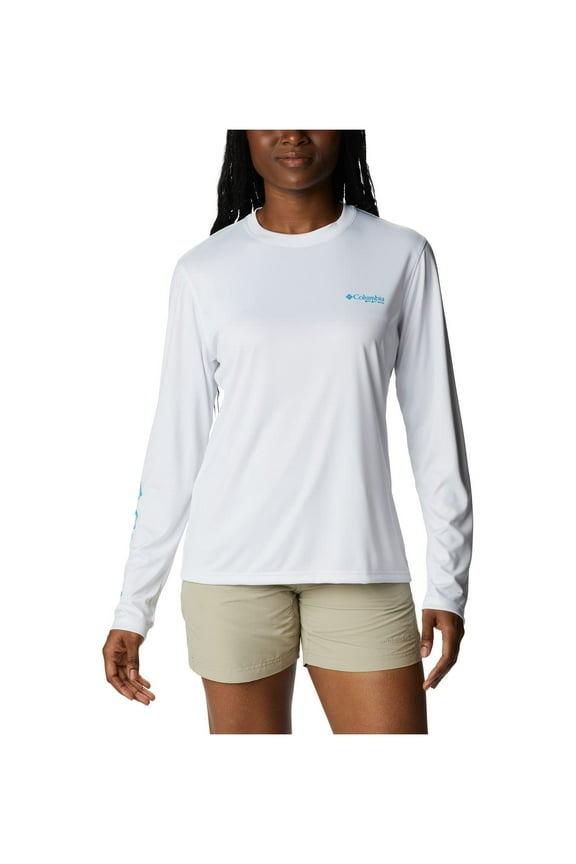 Women's Tidal Tee PFG Palapa Palms Long Sleeve, White/Palapa Palms, Large
