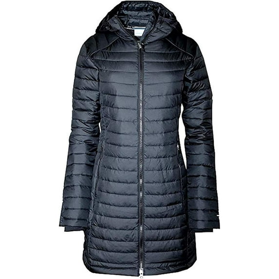 Columbia Women's White Out Mid Omni-Heat Long Hooded Jacket Coat Puffer (XXL, Black)