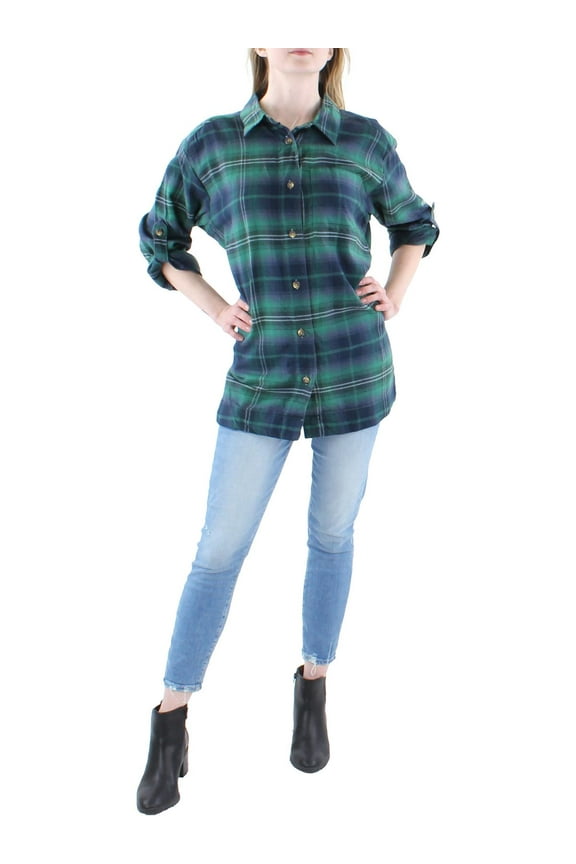 Womens Cotton Plaid Button-Down Top