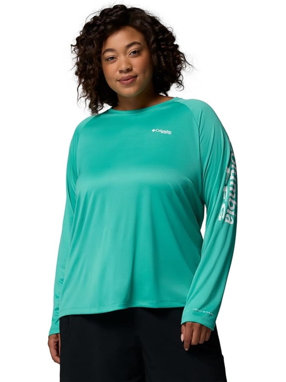 Womens PFG Tidal Tee II Long Sleeve Sun Protection Shirt, Glaze Green/White Logo, XXL