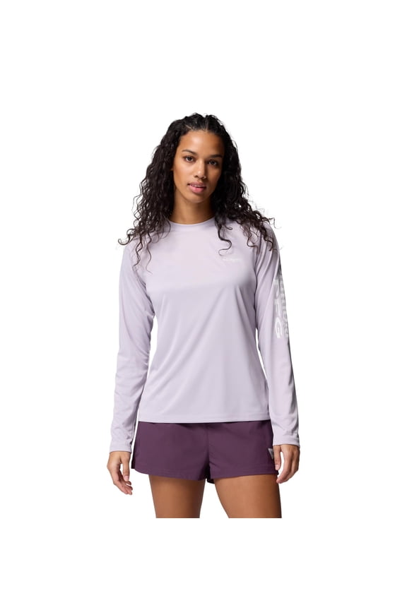 Womens PFG Tidal Tee II Long Sleeve Sun Protection Shirt, Lavender Pearl Heather/White Logo, Small