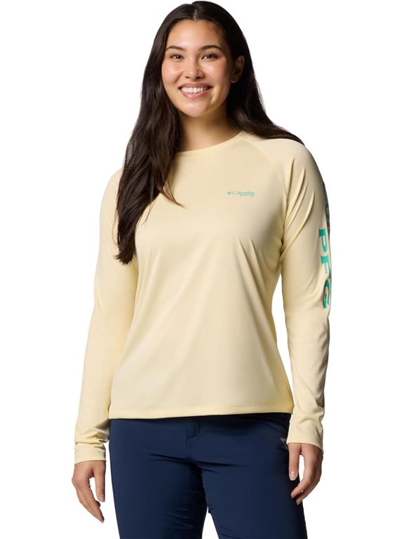 Womens PFG Tidal Tee II Long Sleeve Sun Protection Shirt, Lemon Wash/Glaze Green Logo, Small