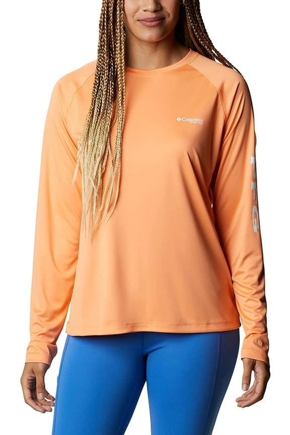 Womens PFG Tidal Tee II UPF 50 Long Sleeve Fishing Shirt 1X Bright Nectar/White Logo