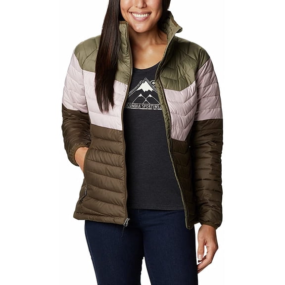 Columbia Womens Powder Lite Blocked Jacket X-Small Stone Green/Mineral Pink/Olive Green