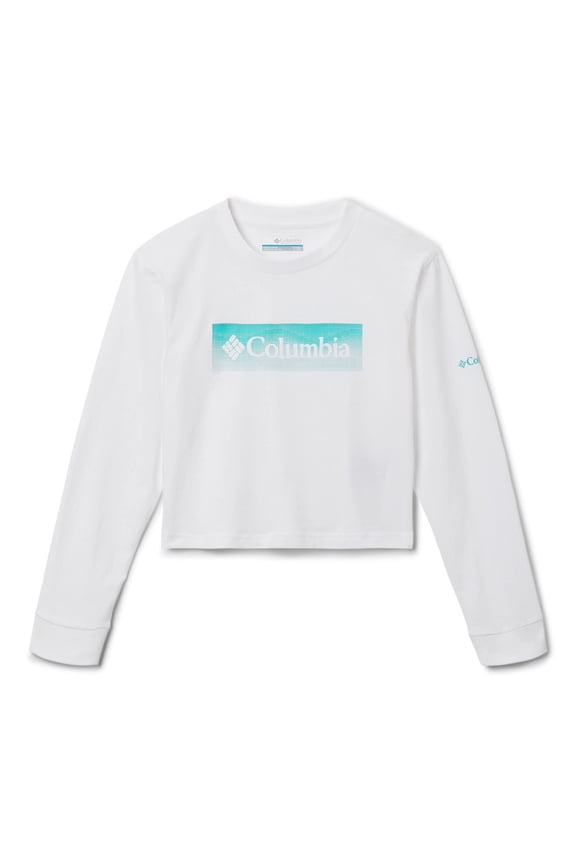 Youth Girls Mission Lake Boxy Long Sleeve Tee, White/Framed Halftone Logo Graphic, Small