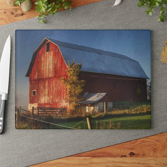 U R There Photography Columbiaville Red III Rustic Farmhouse Tempered-Glass Cutting Board 11"x 15"