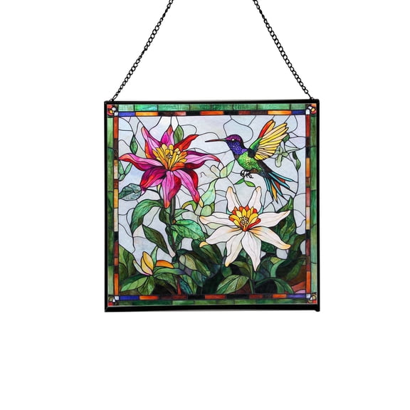 Columbine and Hummingbirds Stained Glass Panels Window Hangings Tiffany Glass Traditional Art Crafts for Home Decor Gifts Square design, 8in 70OR16